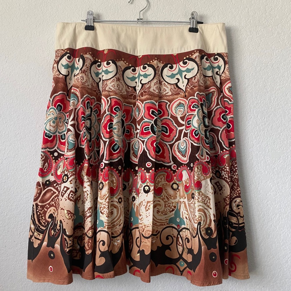 Mixit‎ A-Line Skirt 8 Brown Womens Boho Paisley Metallic Cotton Knee Length USA